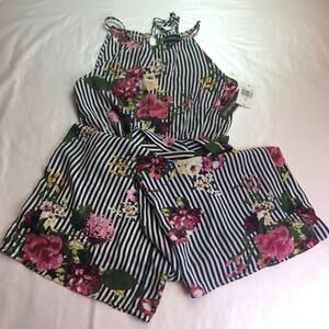 My Michelle Striped Floral Jumpsuit Blue White XS